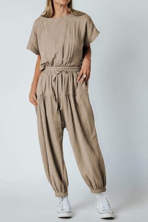 Pleated Loose Button Slit Jumpsuit