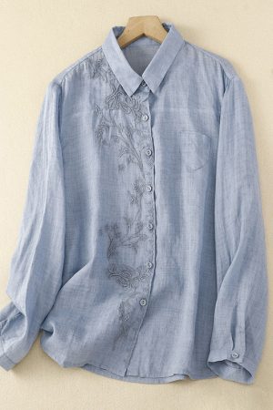 Women's Exquisite Embroidery Solid Color Long -sleeved Shirt