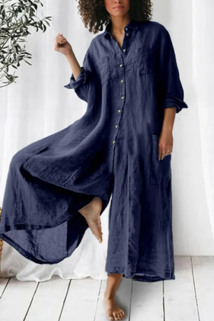Solid Color Long-Sleeved Loose Wide-Leg Jumpsuit