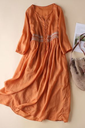 Cotton and Linen Embroidered Cropped Sleeve Dress