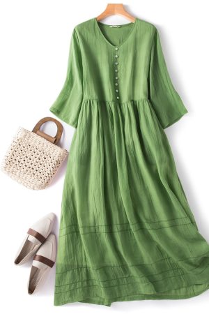 Cotton linen V-neck half-sleeve dress