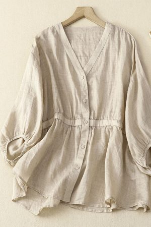 Cotton and linen V-neck half-sleeve all-match shirt