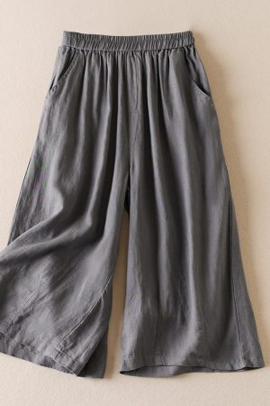 Solid color versatile cotton and linen cropped pants