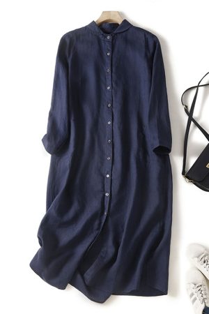 Textured Cotton Linen Stand Collar Shirt